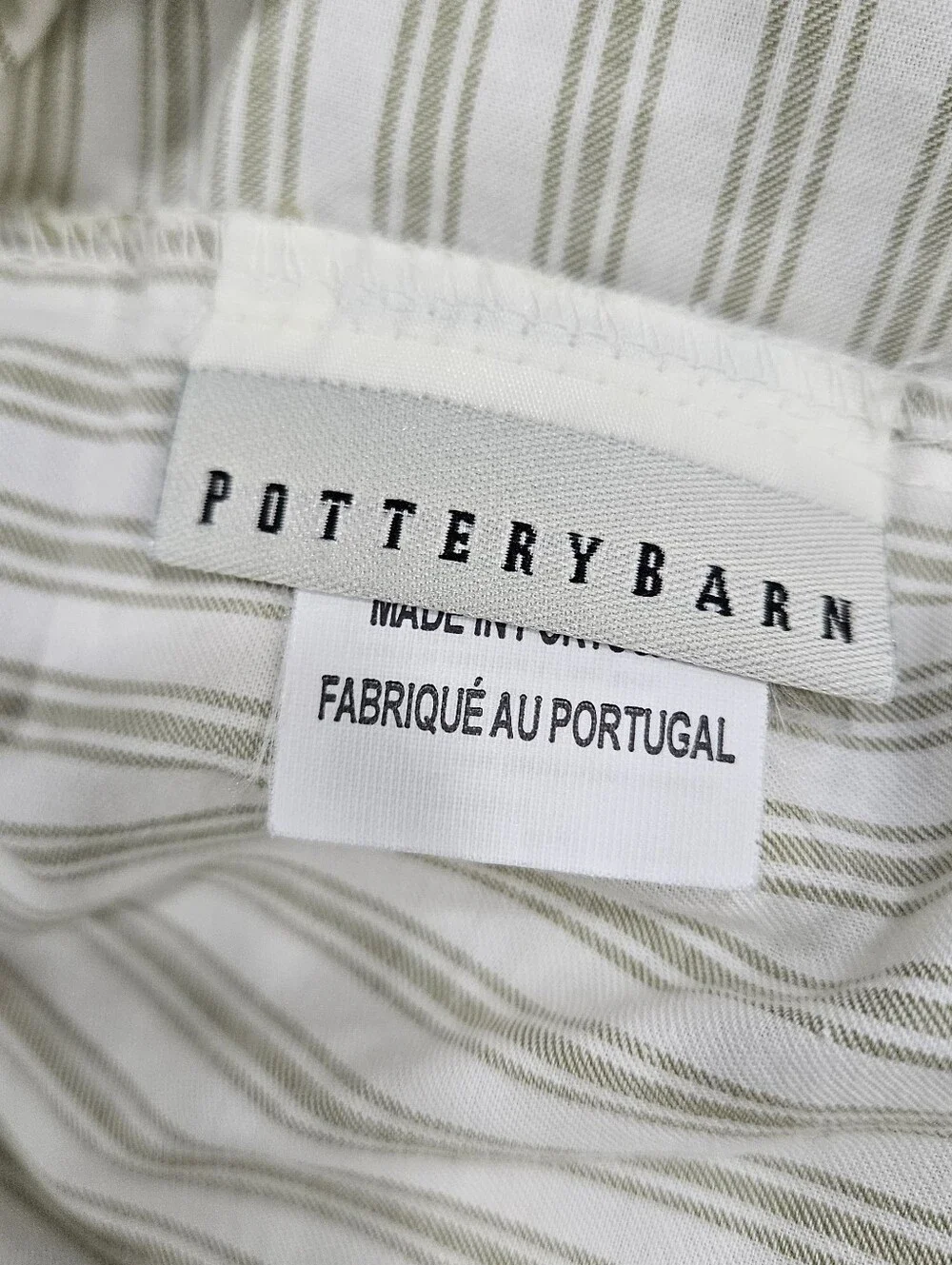 VTG Pottery Barn Olive Green Cream Ticking Stripe KING Fitted Sheet Cotton 2007